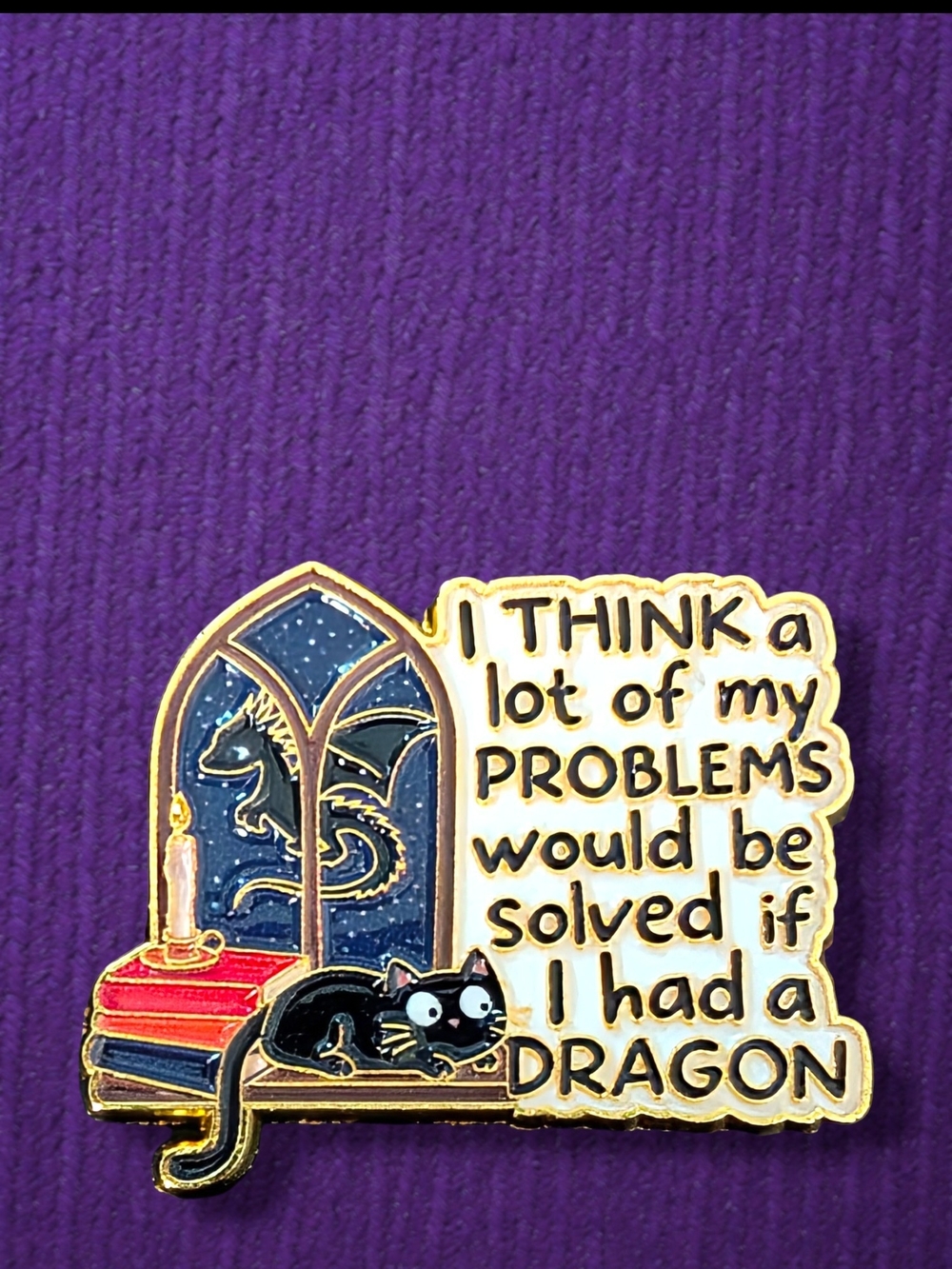 Enamel Dragon & Cat Quote Brooch - Purple Accents